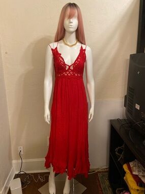 FP One (Free People) Lace-Detail Red Maxi Dress with Spaghetti Straps